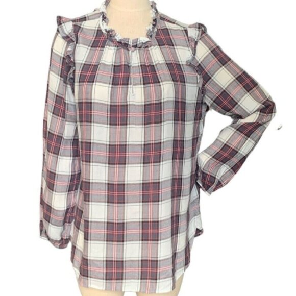 Loft Plaid Long Sleeve Blouse Ruffle Neck & Shoulder Sz L #125D - Picture 1 of 9